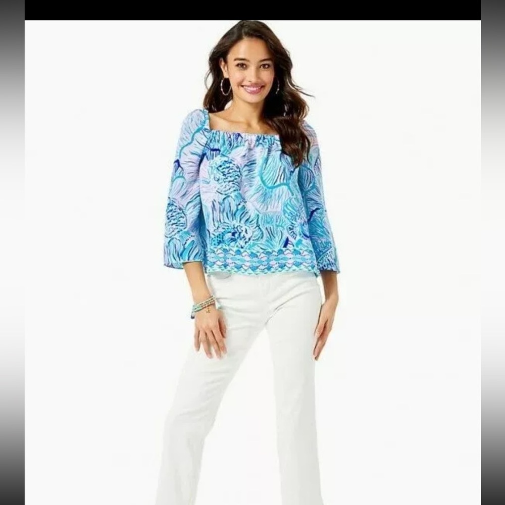 Lilly Pulitzer Lizzy top Bermuda Blue Fishful thinking size XS